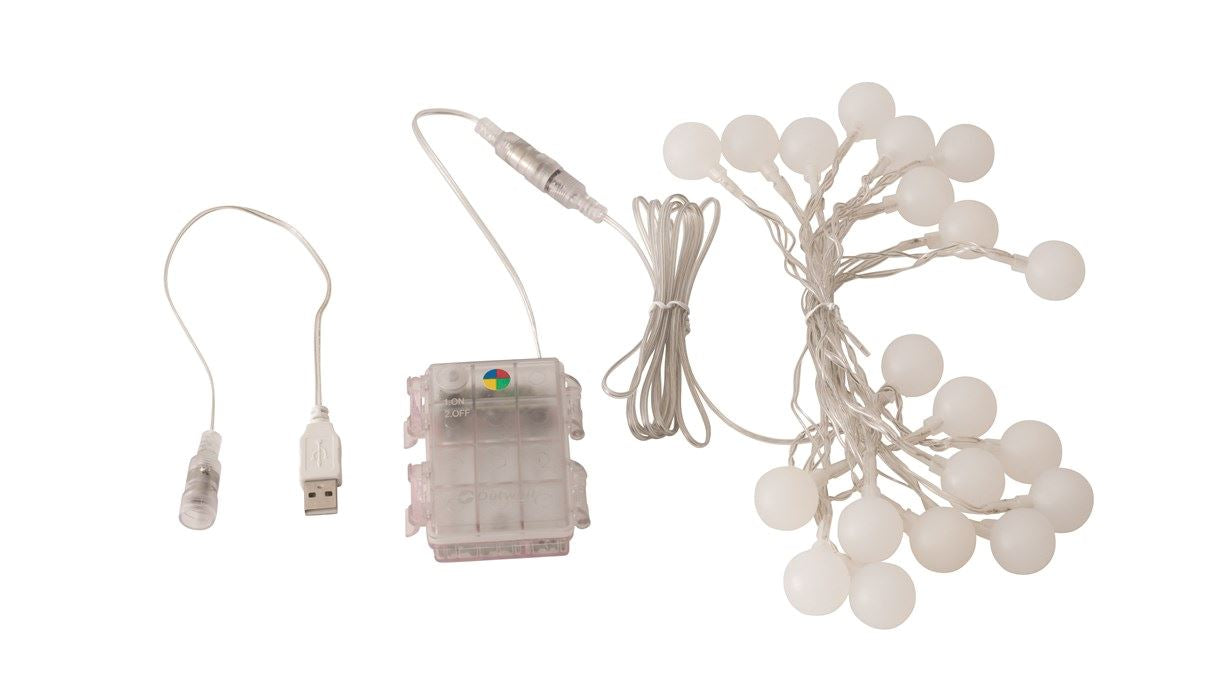 Outwell Gamma Light Chain - Battery or USB Powered Fairy Lights feature image of lights with power options of batteries or usb