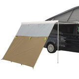 Outwell Hillcrest Tarp for Campervans showing as being used as a side shelter wall for a wind out Fiamma Awning
