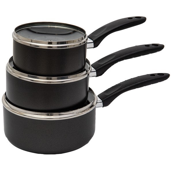 Quest 3 Piece Non-stick Pan Set stacked for storage