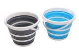 Quest Collapsible-wares 10L Round Bucket - showing both colour variants - blue and grey stripped bucket