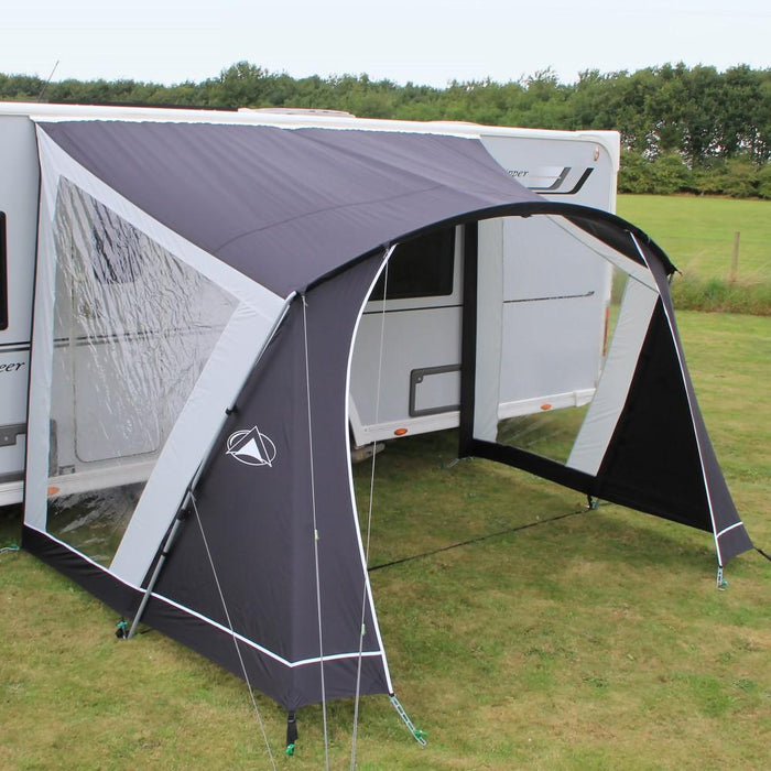 Sunncamp Swift 330 Caravan Canopy - pitched on example campsite showing expansive side windows
