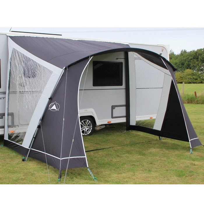 Sunncamp Swift 330 Caravan Canopy - side view showing pitched with guylines, window and steel fibreglass poles