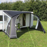 Sunncamp Swift 390 Caravan Canopy front view showing pitched on campsite with example camping chairs under the canopy