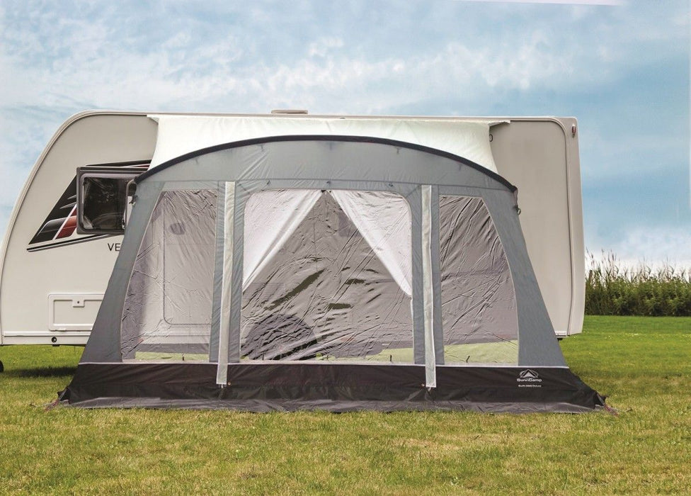 Sunncamp Swift 390 SC - Deluxe Caravan Awning front view pitched on caravan