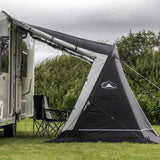 Sunncamp Swift Air 390 Caravan Sun Canopy  side view showing doorways rolled up open