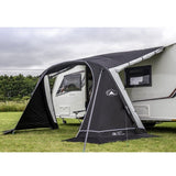 Sunncamp Swift Air 390 Caravan Sun Canopy  showing side door open rolled up and pitched to caravan