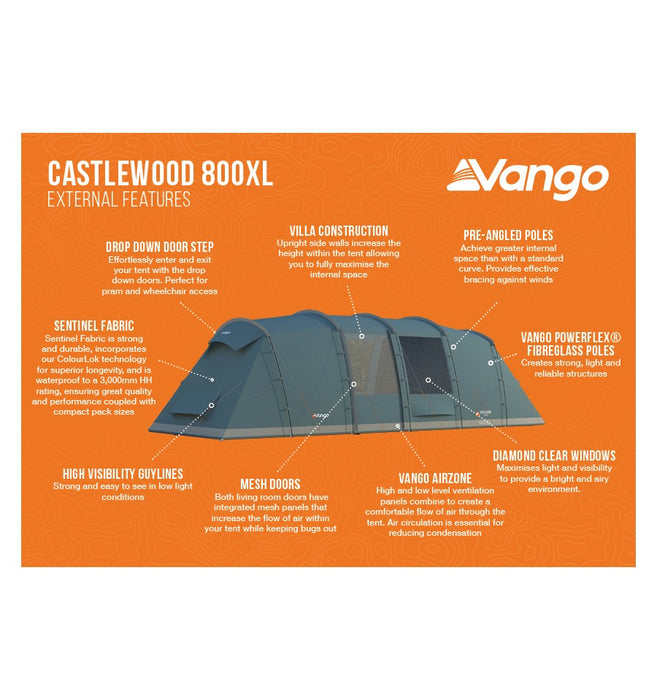 Vango Castlewood 800XL Tent and Groundsheet Package - 8 Person Tunnel Tent External features
