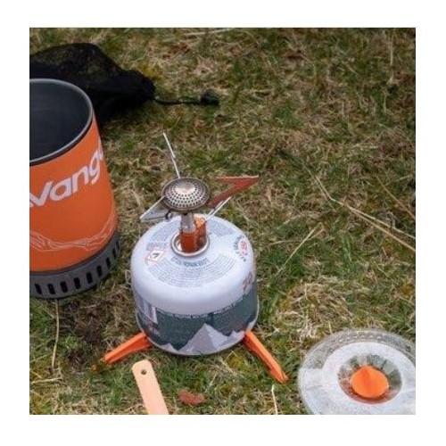 Vango Atom Stove - Screw on Gas Cooker shown attached to gas bottle