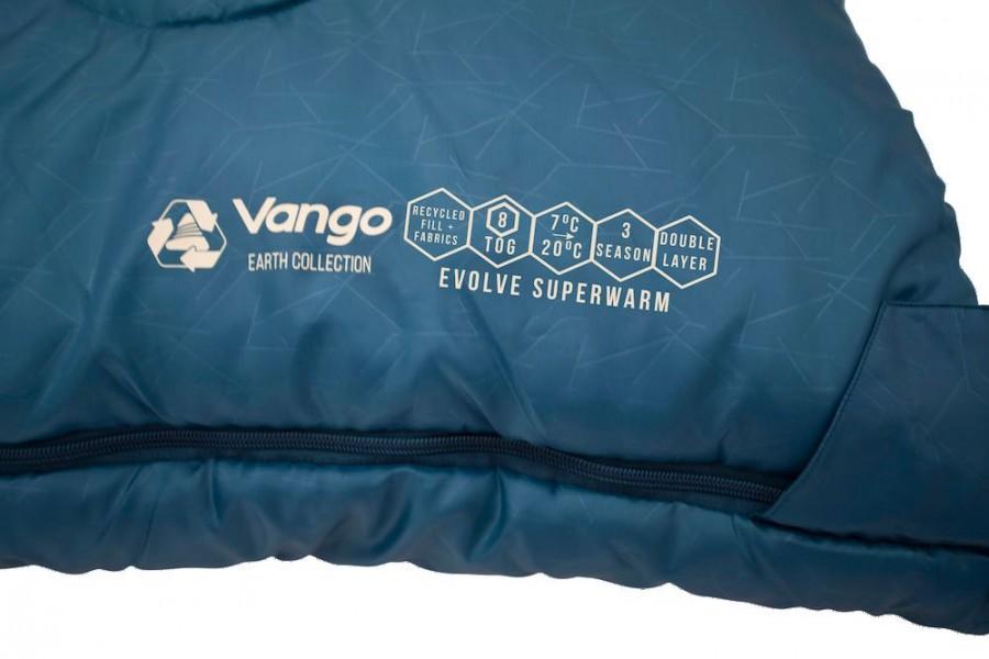 Vango Evolve Superwarm Double Sleeping Bag - Ecofriendly - close up of printed specifications