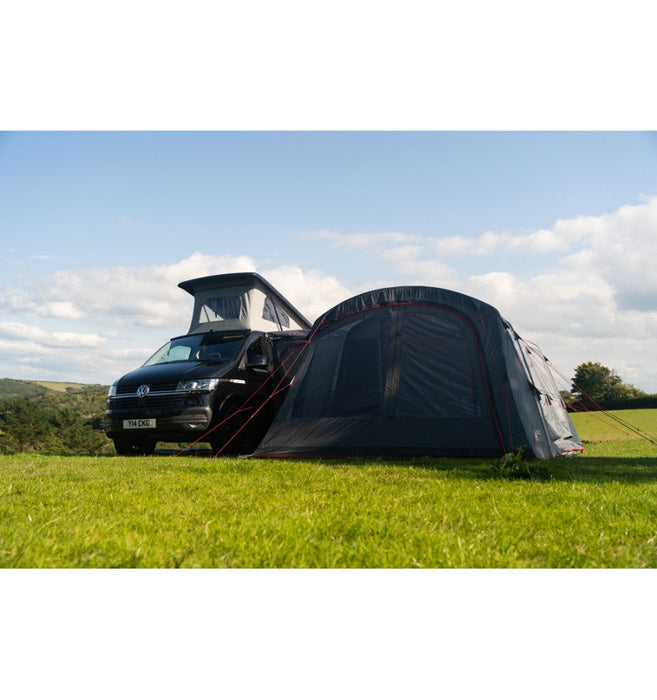 Vango Galli CC Air Inflatable Drive Away Awning - Low lifestyle image of awning front view with canopy zipped up