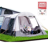 Vango Kela V Airbeam Drive Away Awning - low attached to van with example chairs and table inside - owner satisfaction award 2020 Winner!