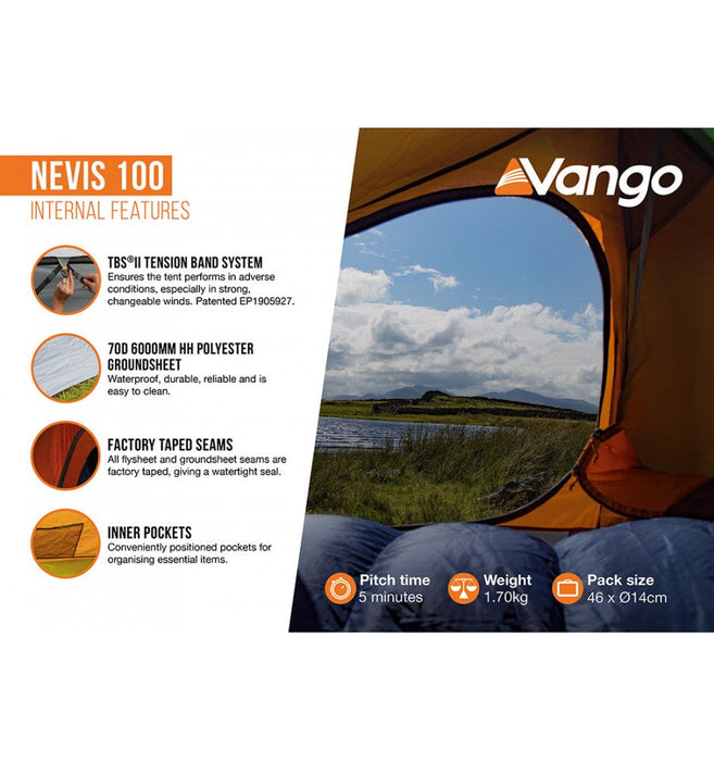 Vango Nevis 100 Pamir Green- 1 Berth Tent internal features images