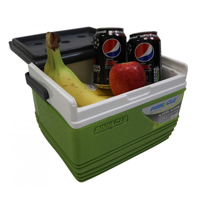 Vango Pinnacle 32 Litre 72 Hour Camping Cool Box 5 piece set lifestyle image of 4.5l cool box with cans, apple and banana 