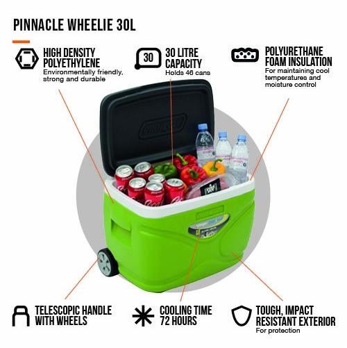 Vango Pinnacle Wheelie 30 Litre Cool Box with example contents and caption details for specifics