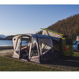 Vango Tolga VW Shadow Grey Inflatable Air Drive Away Awning - pitched to yellow VW Transporter van with front door open