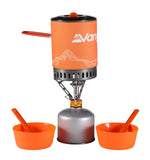 Vango Ultralight Heat Exchanger Cook Kit Grey / Cooking pot, cutlery and bowls  image showing cooking pot on atom stove and gas cannister