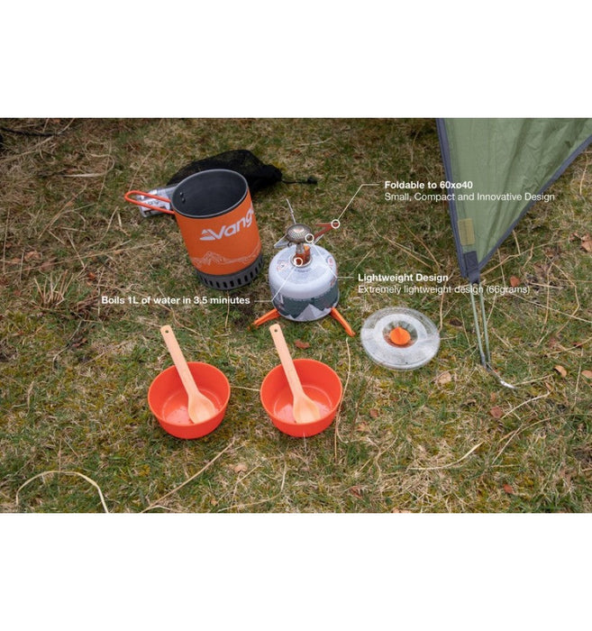 Vango Ultralight Heat Exchanger Cook Kit Grey / Cooking pot, cutlery and bowls lifestyle image with features on 