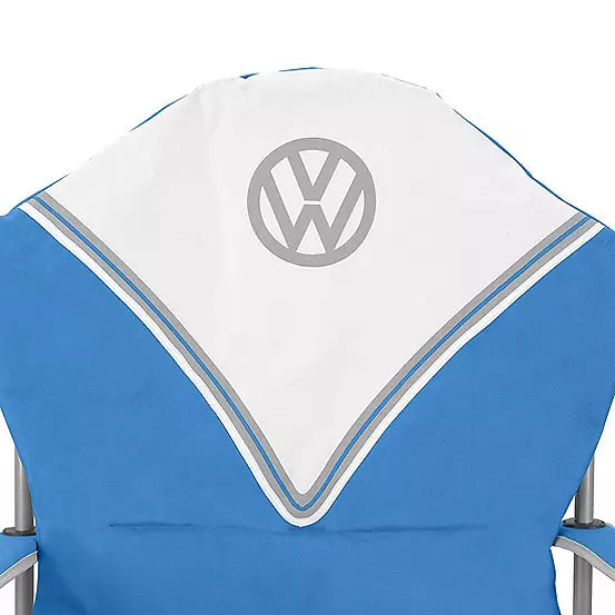 VW Deluxe Padded Chair - Blue clsoe up of logo and high backrest