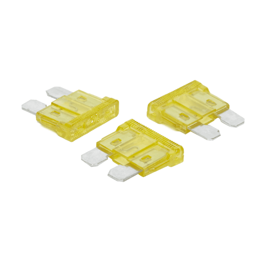 Blade Fuses 20 Amp. - 3 per pack - Picture shows 3 yellow blade fuses on a white background