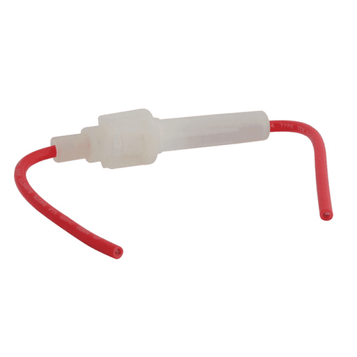 W4 Fuse Holder In-Line - Feature of white fuse holder with red cable from each side on a white background