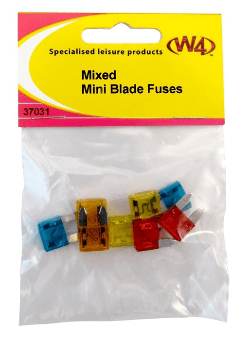 W4 Mini Blade Fuse Mixed - Mixed (orange, yellow, red and blue) blade fuses in branded W4 packaging on a  white back ground