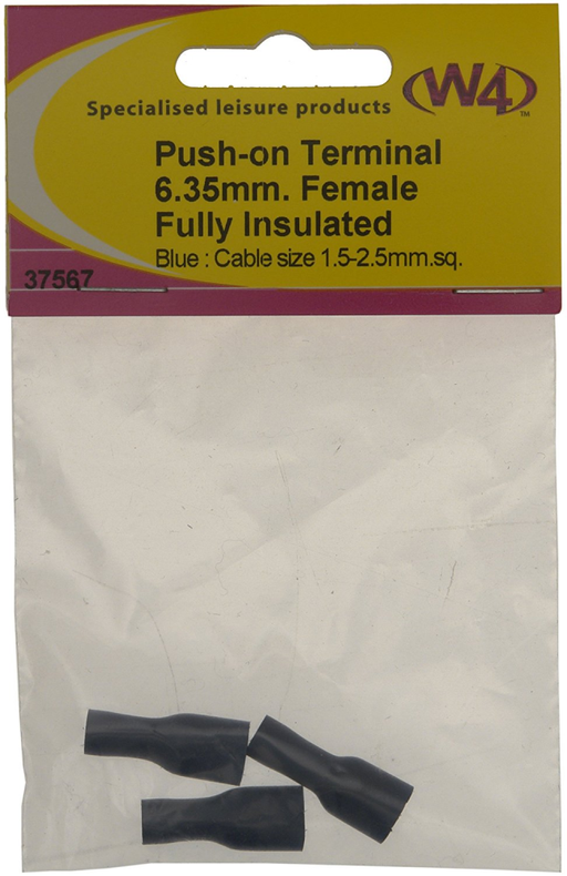 W4 PUSH ON TERMINAL F 6.35 BLUE - photo shows pack of 3 terminal in branded W4 packaging