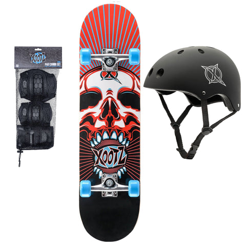 Xootz Doublekick 31 Inch Skateboard - Skull (Helmet and Pads Package)